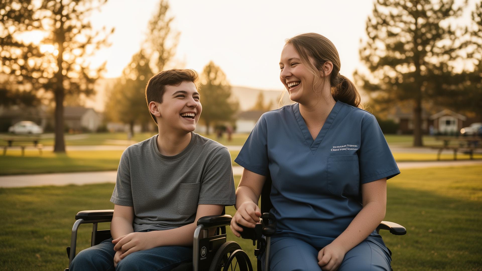 A Direct Support Professional and a young community member laughing together in an Idaho park
